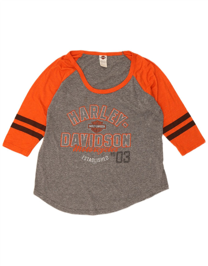 Maglietta grafica da donna Harley Davidson manica 3/4 UK 16 Large Grey Colourblock