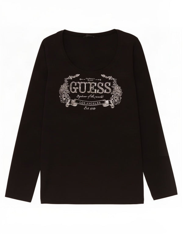 Guess Top grafico da donna a maniche lunghe UK 12 medio cotone nero