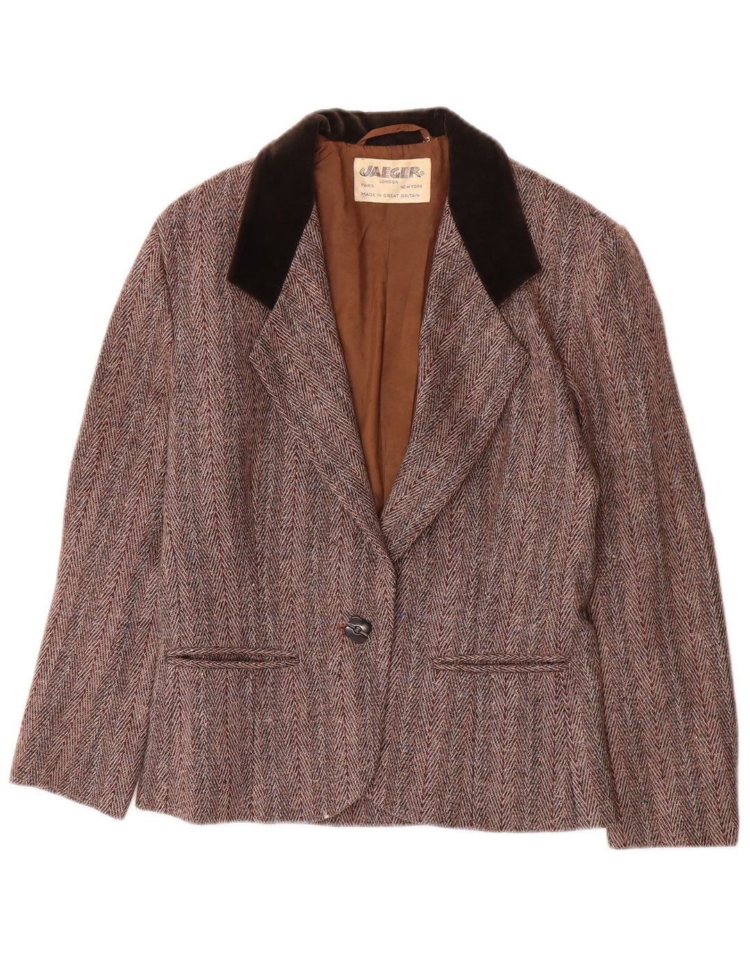 JAEGER Womens 1 Button Blazer Jacket UK 6 XS Brown Herringbone Wool