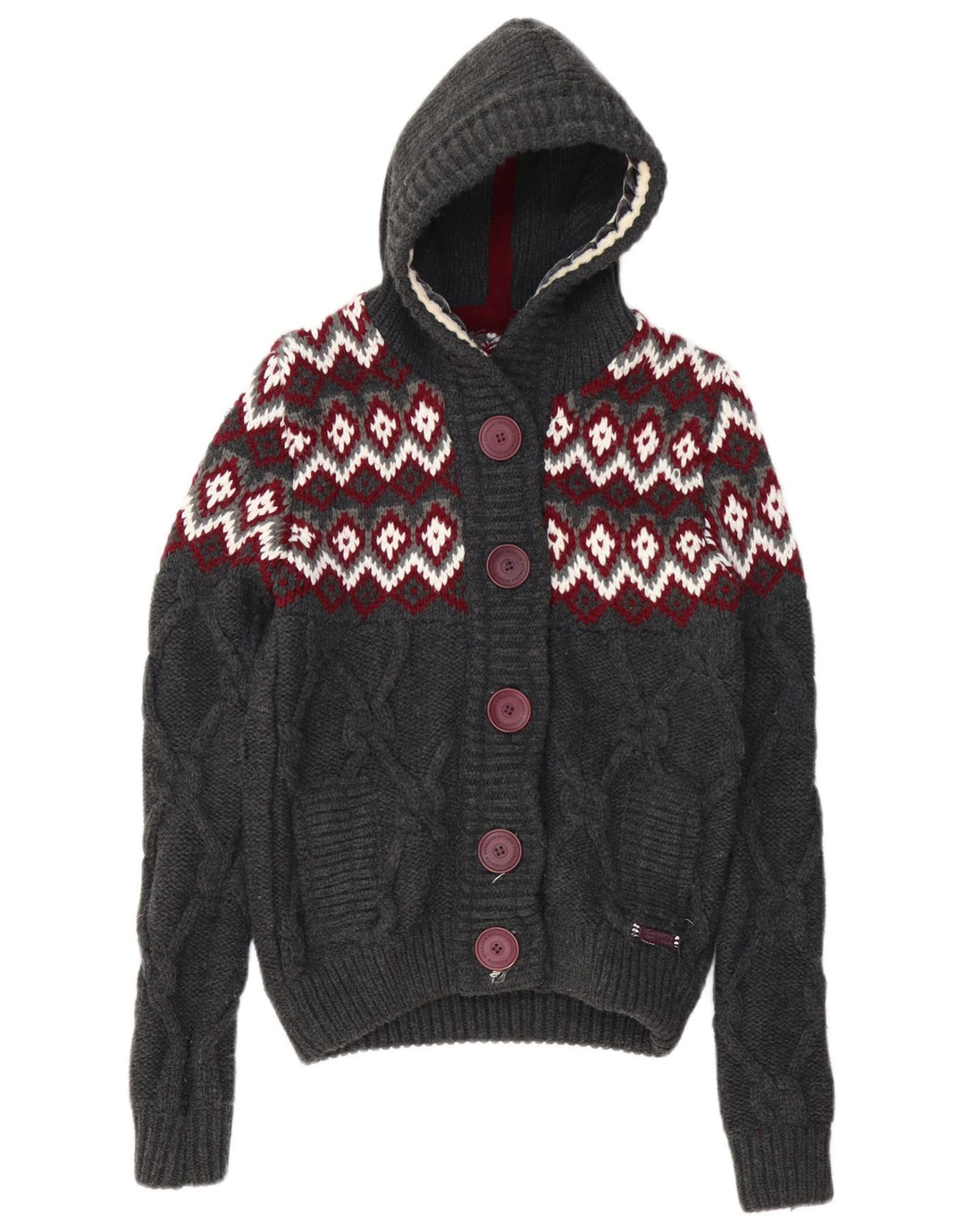 Maglione cardigan con cappuccio da donna SUPERDRY UK 10 Piccolo acrilico grigio Fair Isle