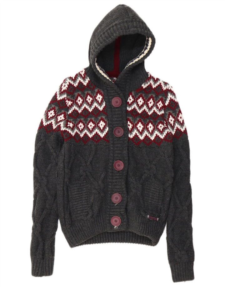 Maglione cardigan con cappuccio da donna SUPERDRY UK 10 Piccolo acrilico grigio Fair Isle