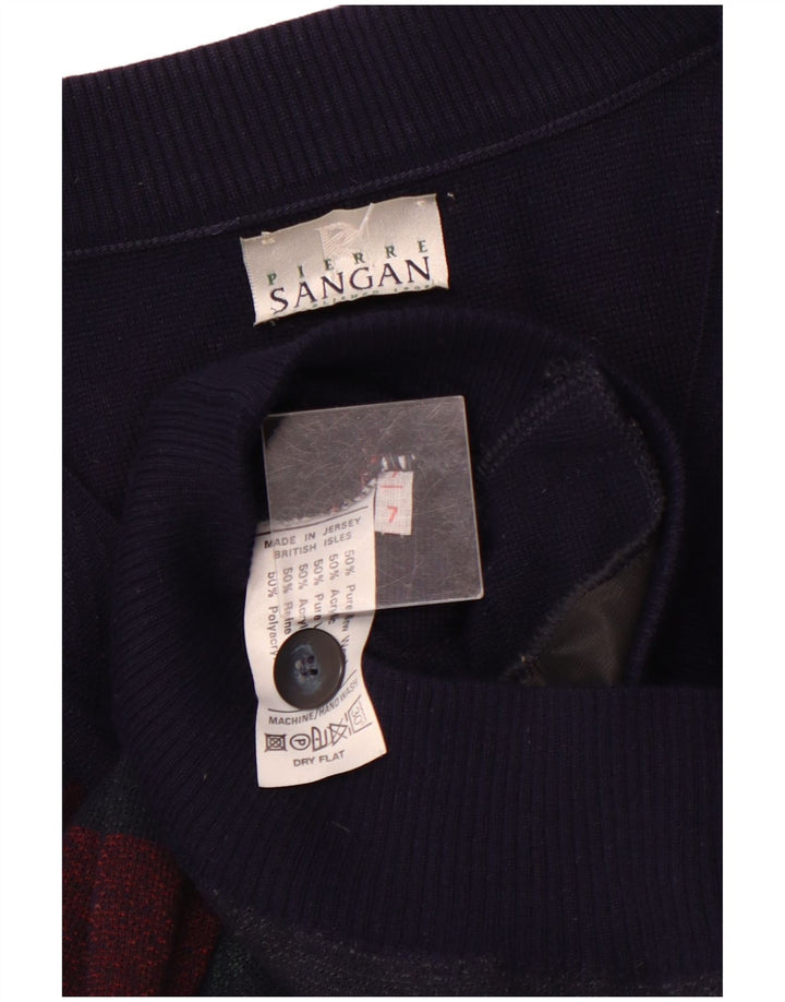 PIERRE SANGAN Maglione cardigan da uomo XL Lana a righe blu navy