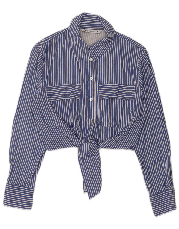 Zara, camicetta corta da donna con allacciatura sul davanti, taglia UK 10, piccola, a righe blu