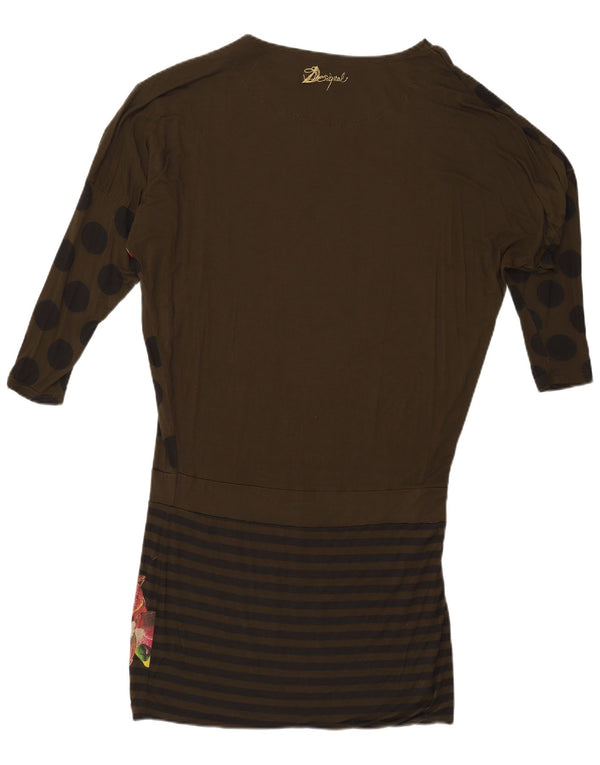 Desigual Abito da donna con maniche a 3/4 a vita bassa UK 16 Grande motivo floreale kaki