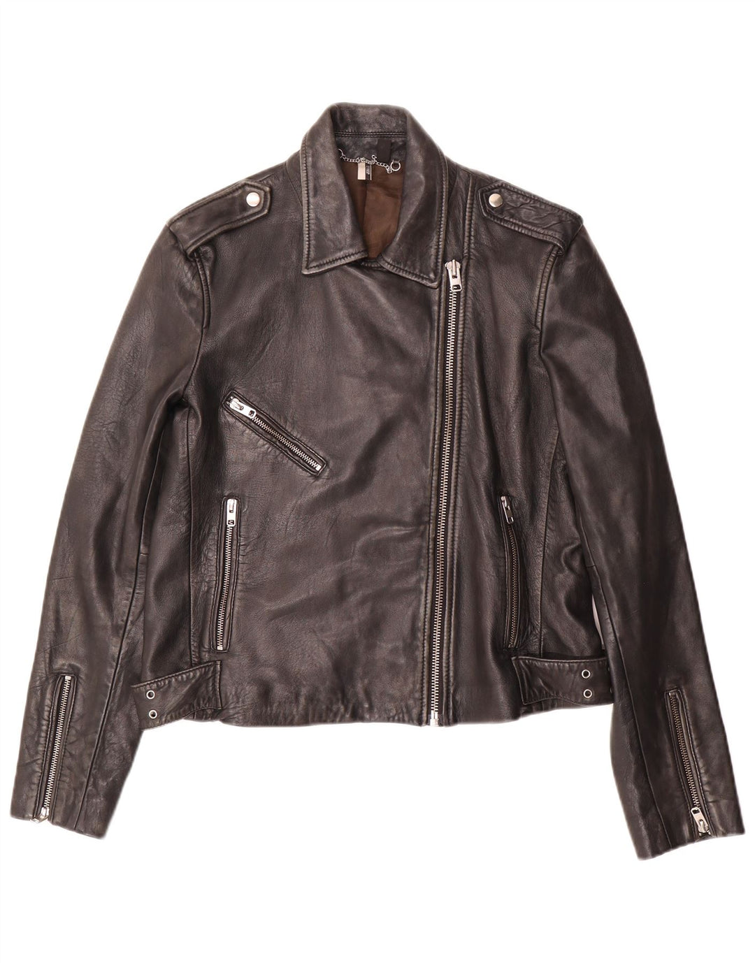 Giacca da motociclista in pelle da donna Topshop UK 14 Grande pelle di agnello nera