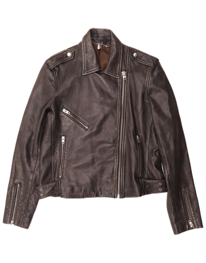 Giacca da motociclista in pelle da donna Topshop UK 14 Grande pelle di agnello nera