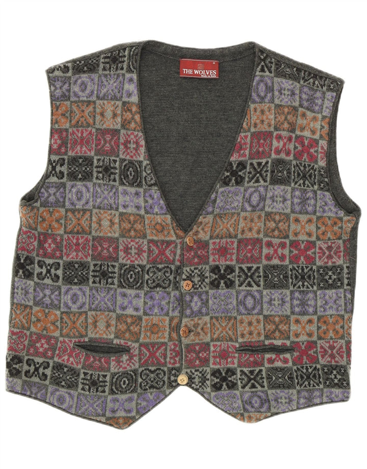 Gilet vintage da uomo lavorato a maglia IT 52 grande patchwork color kaki