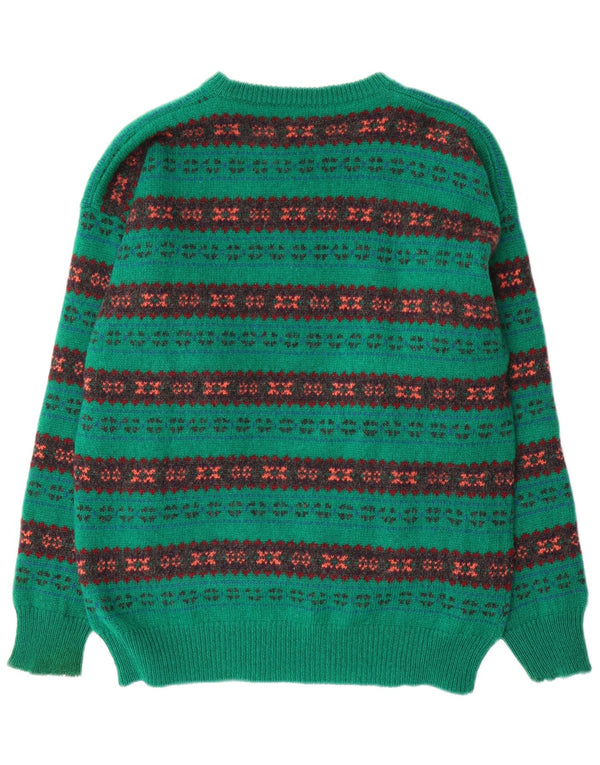 Maglione girocollo da uomo vintage in lana verde Fair Isle di grandi dimensioni