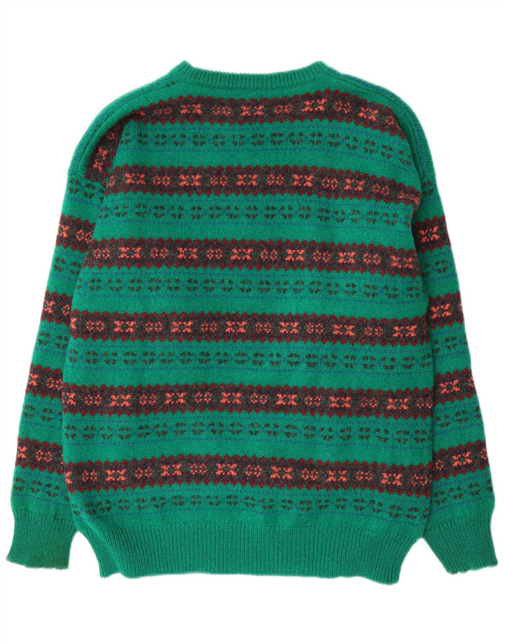 Maglione girocollo da uomo vintage in lana verde Fair Isle di grandi dimensioni