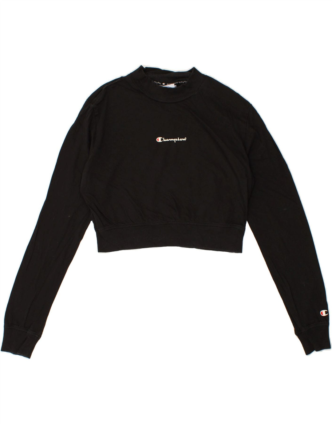 CHAMPION Womens Crop Graphic Top Long Sleeve UK 14 Medium Black Cotton Vintage Champion and Second-Hand Champion from Messina Hembry 