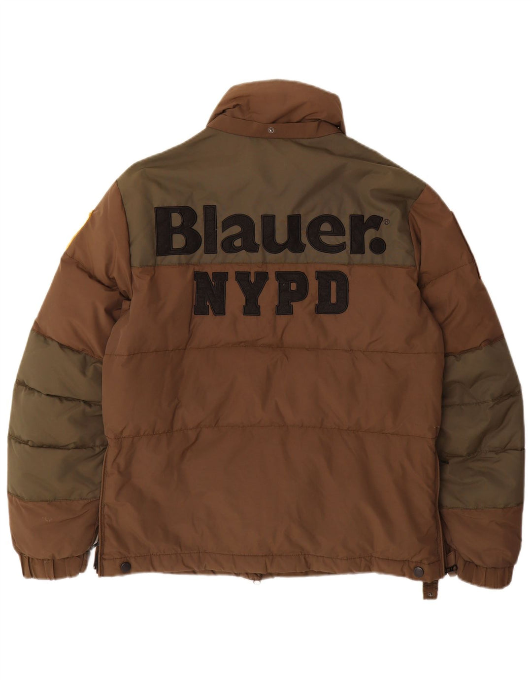 Blauer Giacca imbottita grafica da uomo UK 38 Nylon color block marrone medio