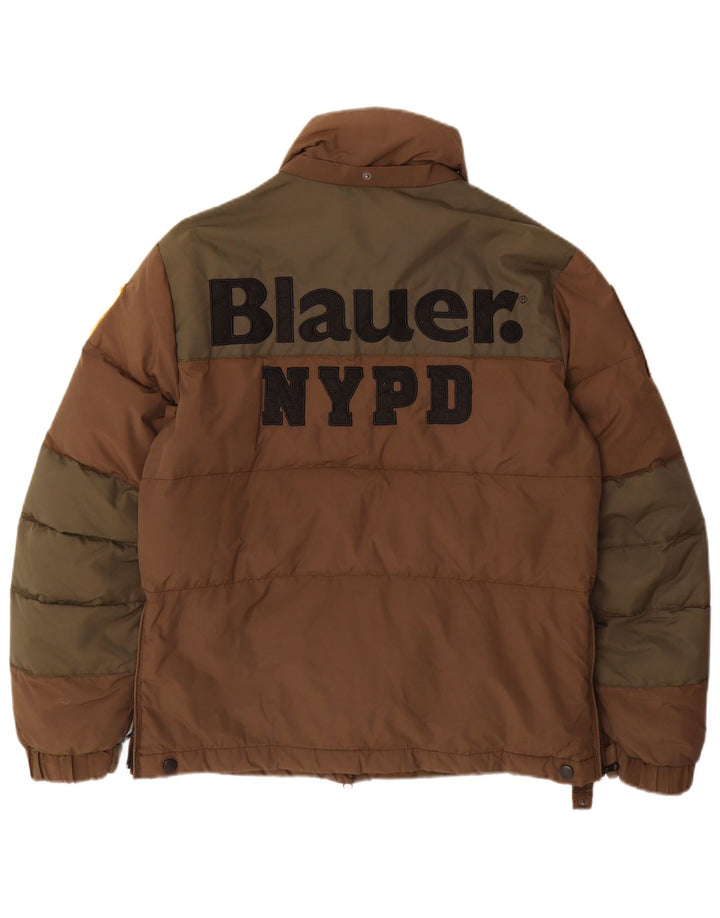 Blauer Giacca imbottita grafica da uomo UK 38 Nylon color block marrone medio
