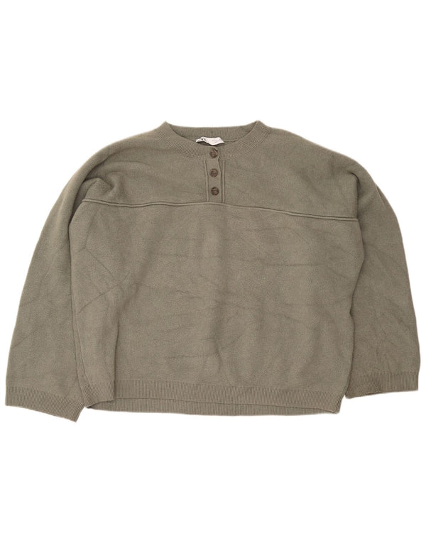 Maglione da donna Zara oversize con collo a bottoni, UK 16, grande in viscosa kaki