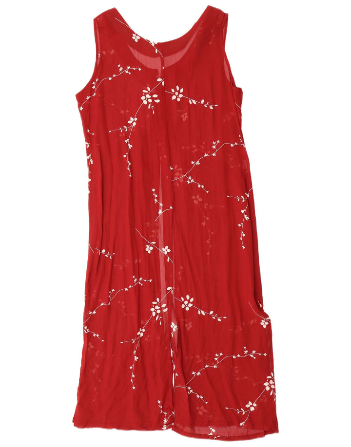 Abito lungo senza maniche da donna VINTAGE UK 14 Grande viscosa floreale rossa