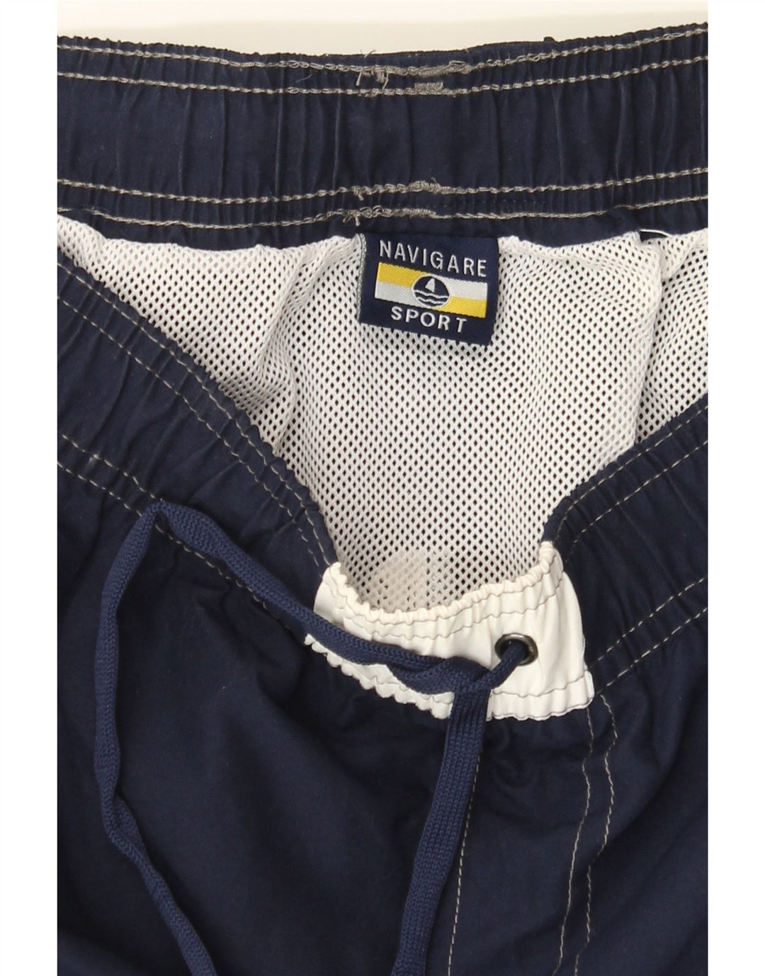 NAVIGARE Mens Graphic Swimming Shorts Large  Navy Blue Striped Polyester Vintage Navigare and Second-Hand Navigare from Messina Hembry 