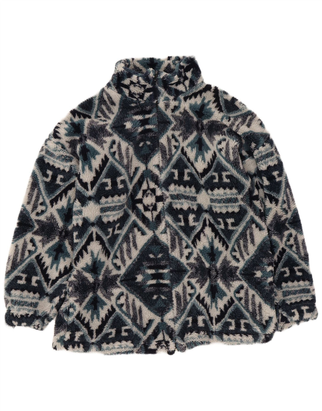 Giacca in pile vintage da uomo UK 36 Piccola azteca geometrica blu navy
