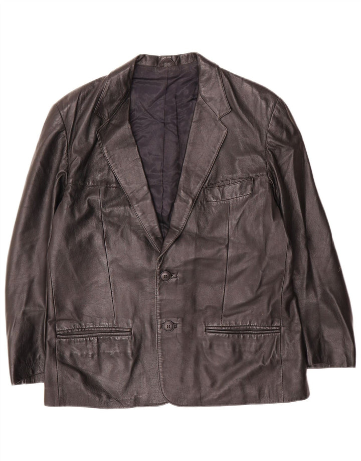 Giacca blazer in pelle vintage da uomo a 2 bottoni IT 50 grande in pelle nera
