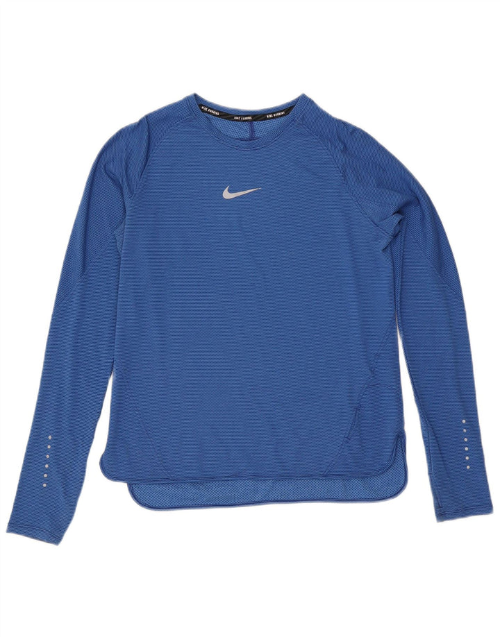 Nike Dri Fit Top da donna a maniche lunghe UK 14 Large Blu Gessato Poliestere