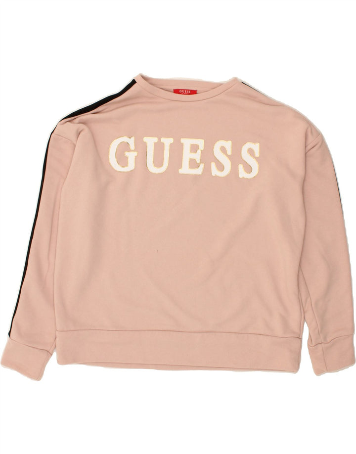 GUESS Womens Graphic Sweatshirt Jumper UK 12 Medium Pink Polyester Vintage Guess and Second-Hand Guess from Messina Hembry 
