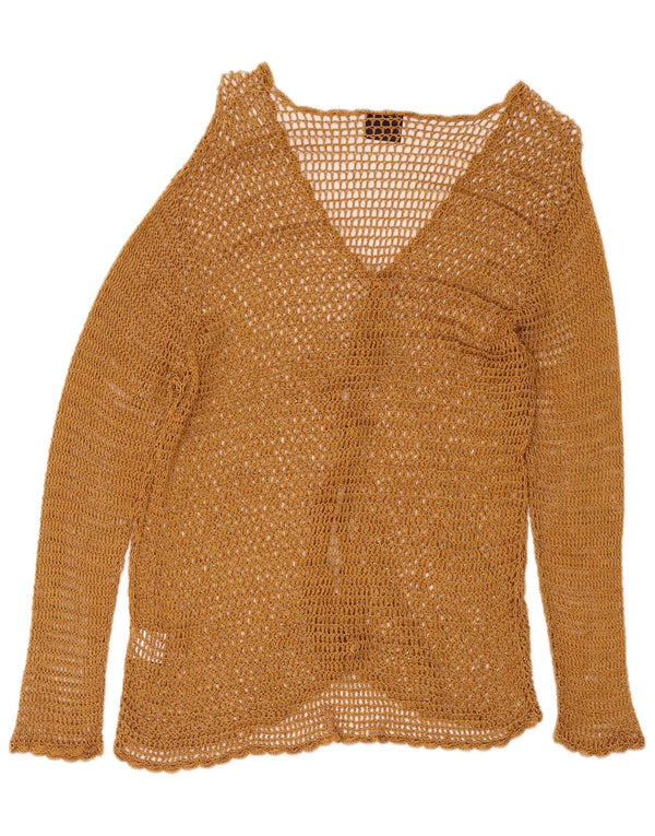 Maglione cardigan all'uncinetto da donna vintage UK 14 grande rayon beige