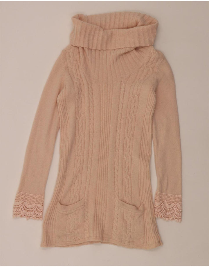 Maglione maglione a collo alto da donna Laura Ashley UK 12 Lana d'agnello rosa medio