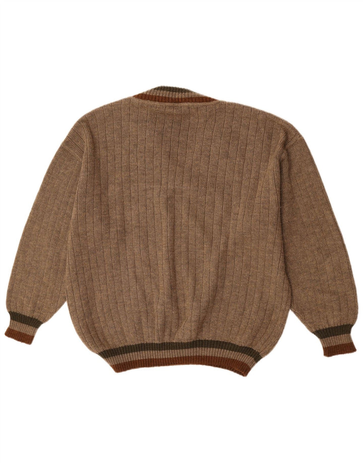 Maglione vintage da uomo con scollo a V XL in lana beige
