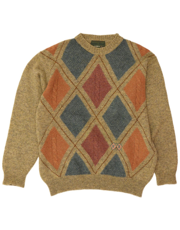 Maglione girocollo da uomo vintage in lana a rombi/diamante verde medio