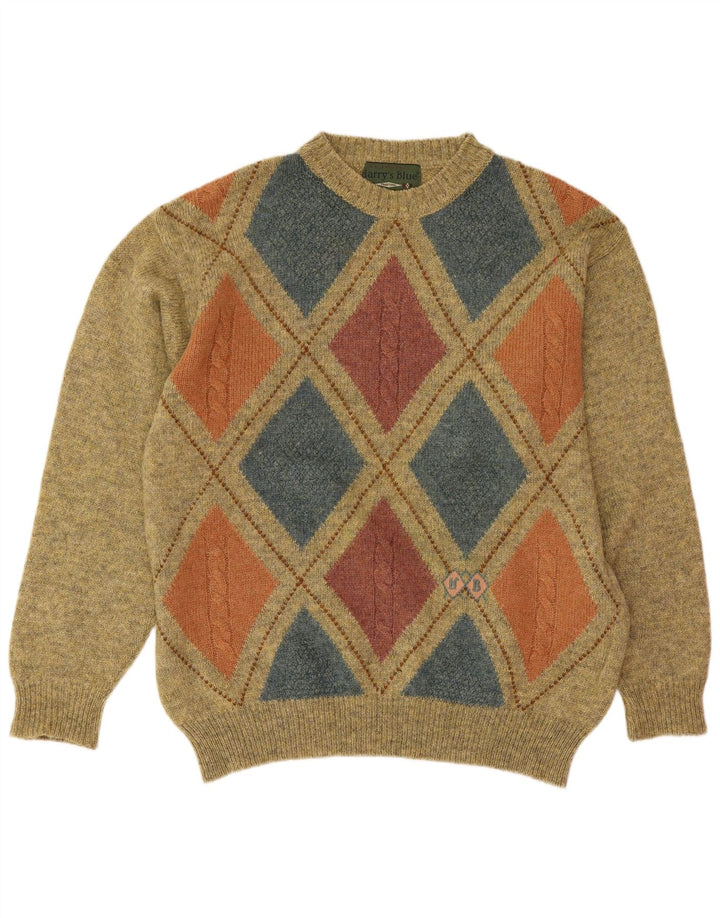 Maglione girocollo da uomo vintage in lana a rombi/diamante verde medio
