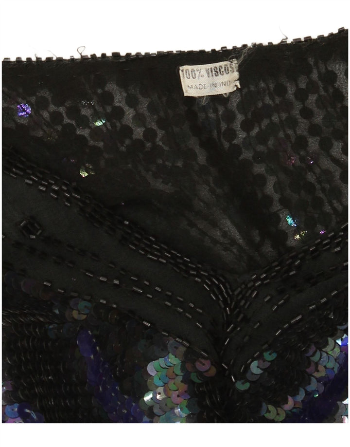 Camicetta vintage da donna con paillettes trasparenti Top UK 14 grande farfalla nera