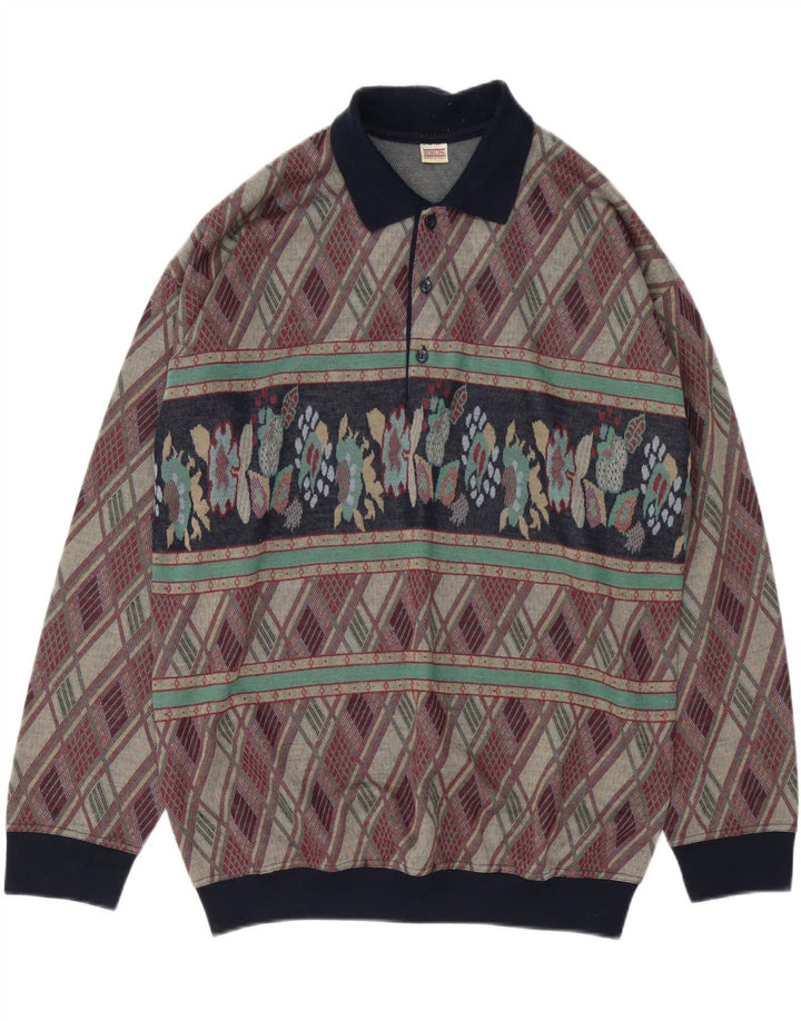 Maglione vintage da uomo con collo a polo, grande motivo geometrico multicolore