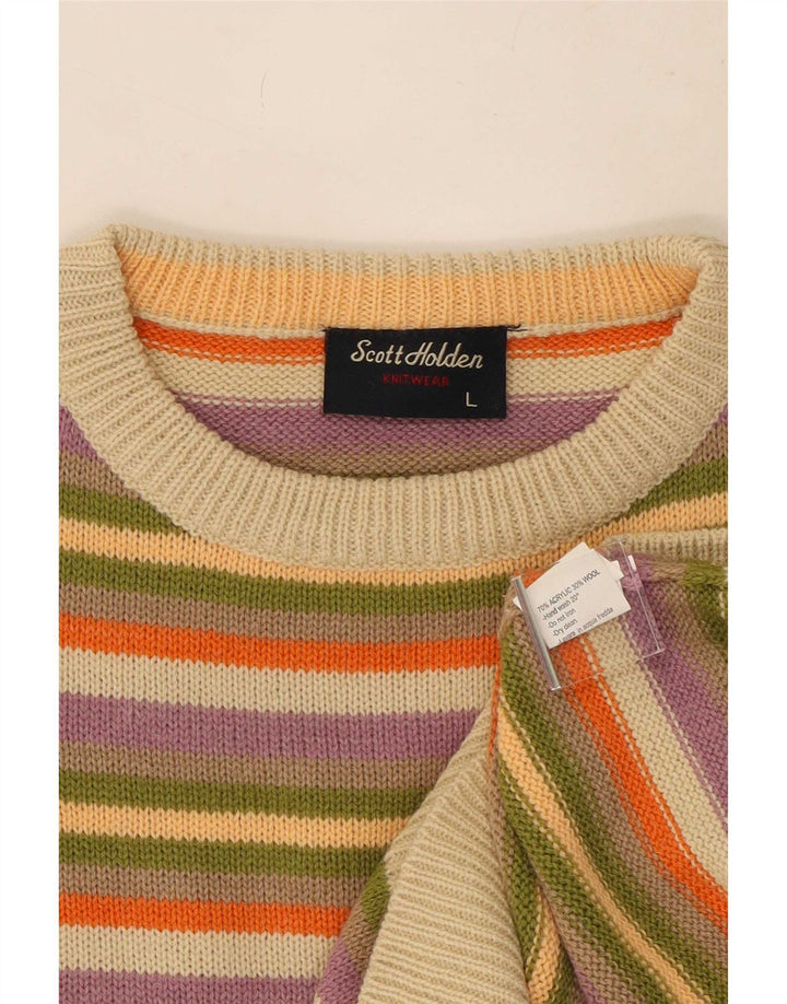 Maglione vintage da uomo girocollo, maglione grande, acrilico a strisce multicolore