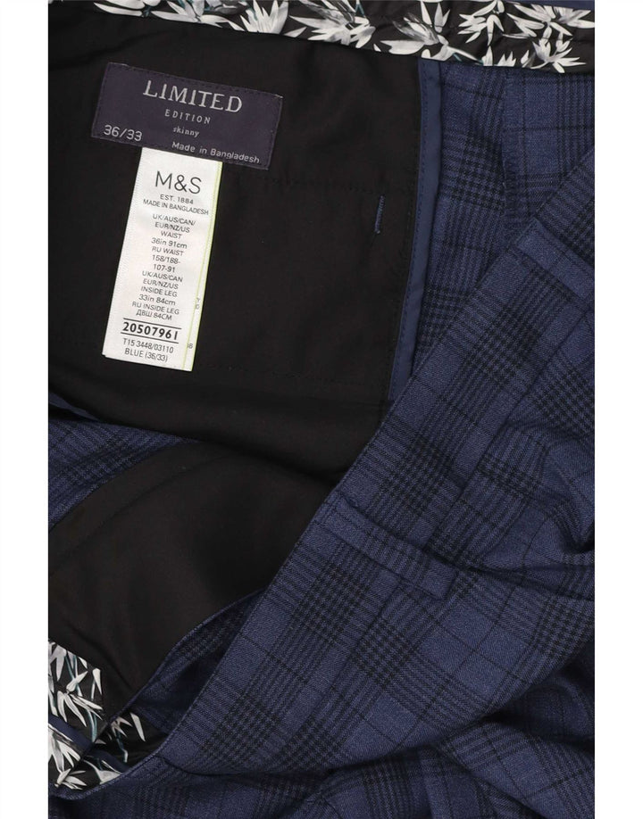 Pantaloni da abito skinny da uomo Marks & Spencer W36 L33 poliestere a quadri blu navy