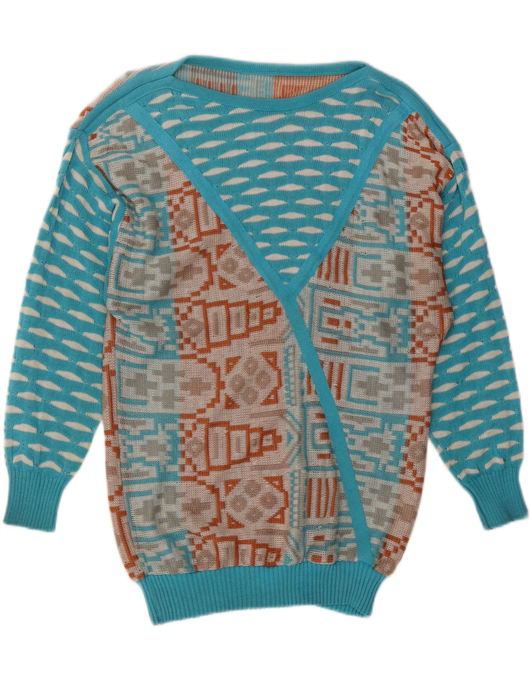 Maglione maglione con scollo a barca da donna VINTAGE UK 14 Blu medio geometrico