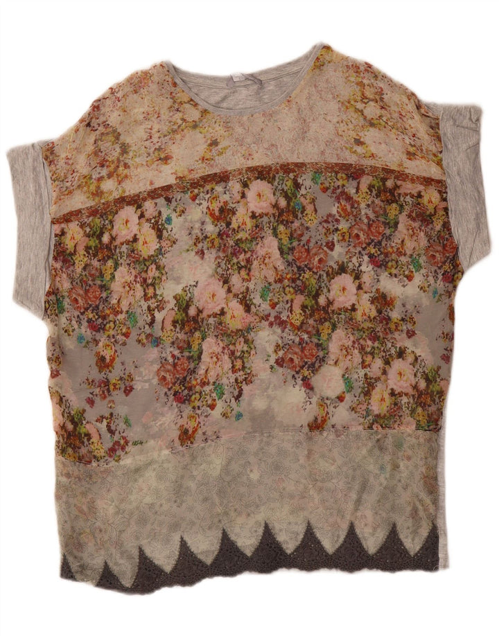 Top Blusa Donna Zara UK 14 Grigio Medio Floreale