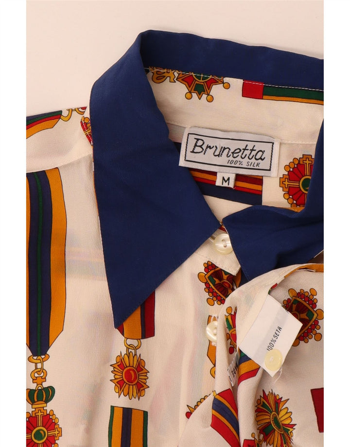 Camicetta camicia vintage da donna con motivo astratto UK 14 blocco colore bianco medio