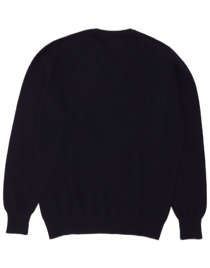Maglione da uomo con scollo a V con bandiera scozzese, lana vergine media blu navy