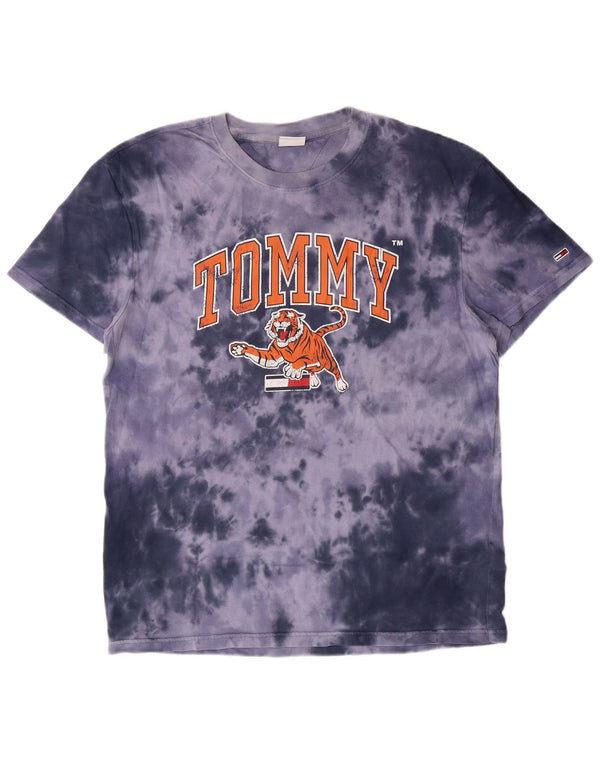 TOMMY HILFIGER T-shirt grafica da uomo Top Large blu in cotone tie-dye