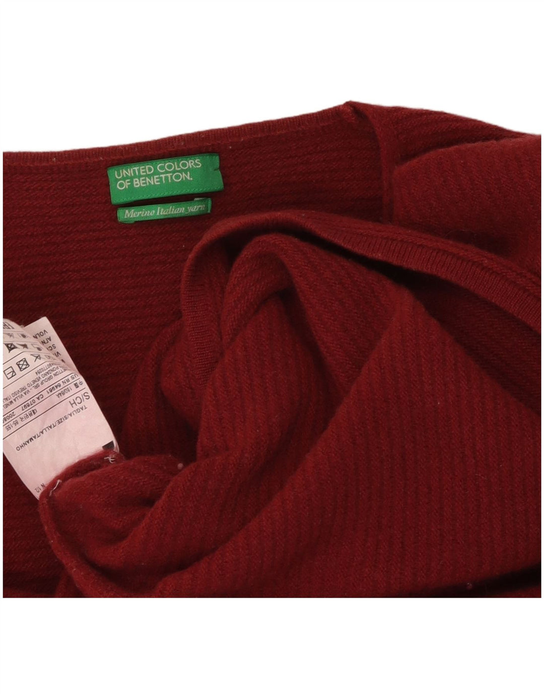 Maglione da donna con scollo a V Benetton UK 10 piccolo rosso in lana vergine