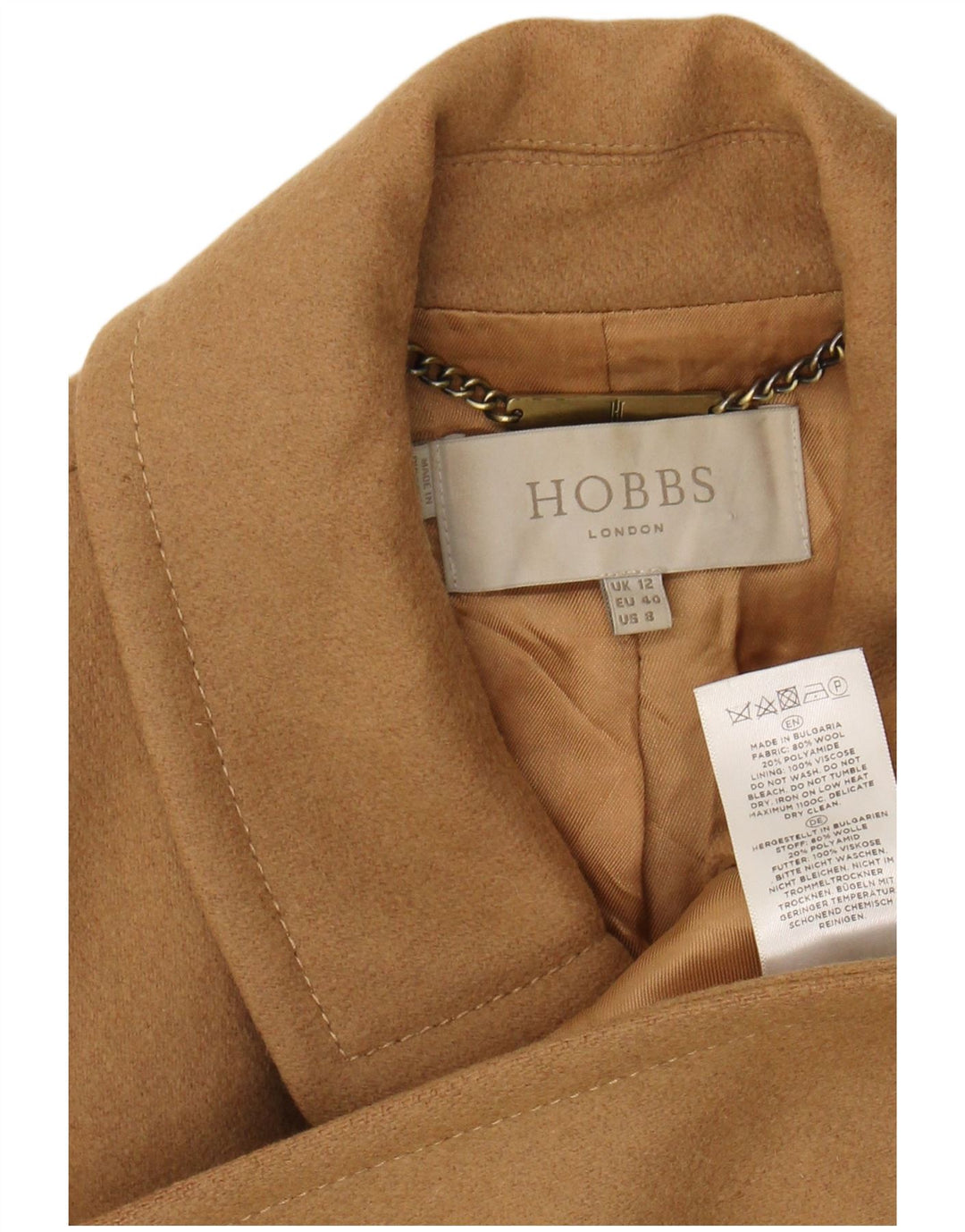HOBBS Womens Double Breasted Coat UK 12 Medium Brown Wool