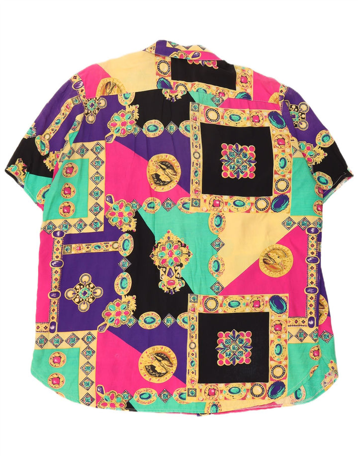 Camicetta camicia a maniche corte da donna vintage UK 20 2XL Patchwork multicolore