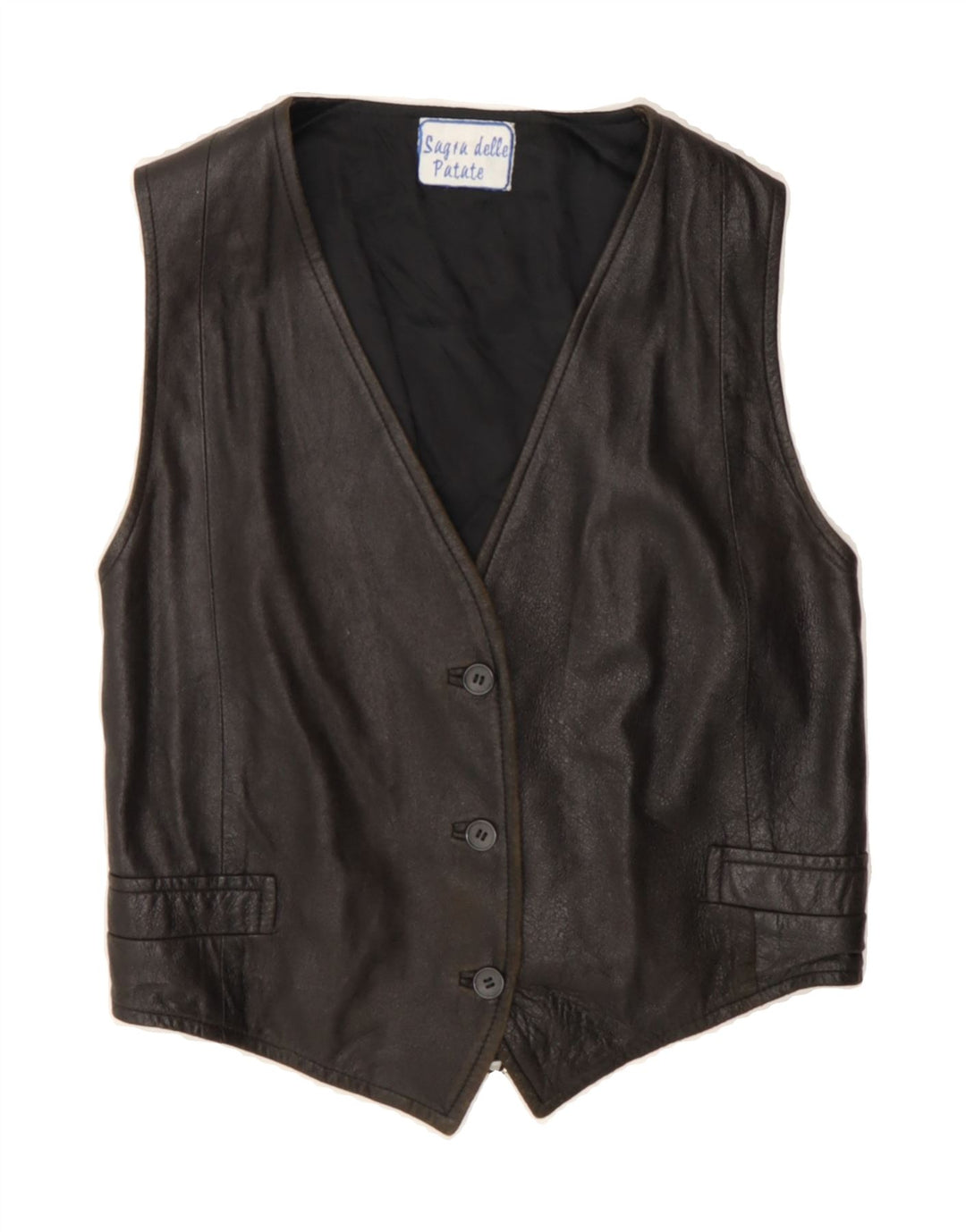 VINTAGE Womens Leather Waistcoat UK 12 Medium Black Vintage Vintage and Second-Hand Vintage from Messina Hembry 