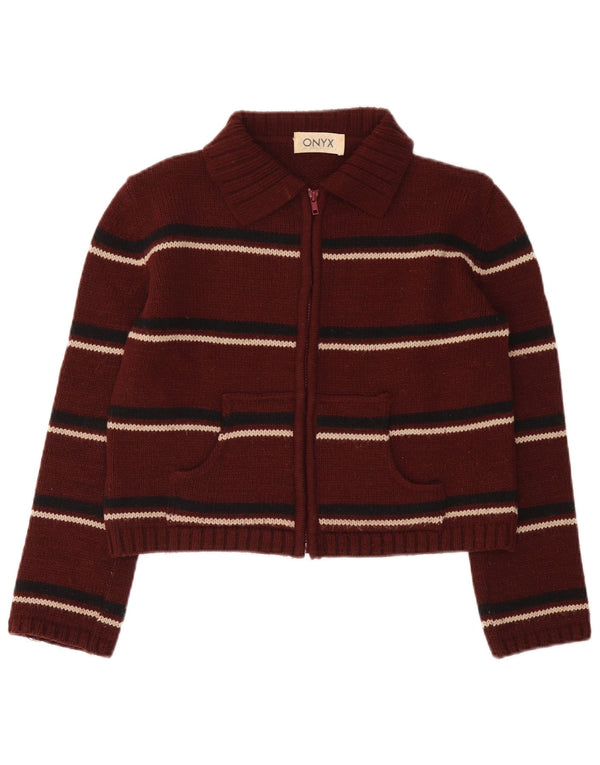 Maglione cardigan corto da donna Onyx UK 14 Acrilico a righe bordeaux medio