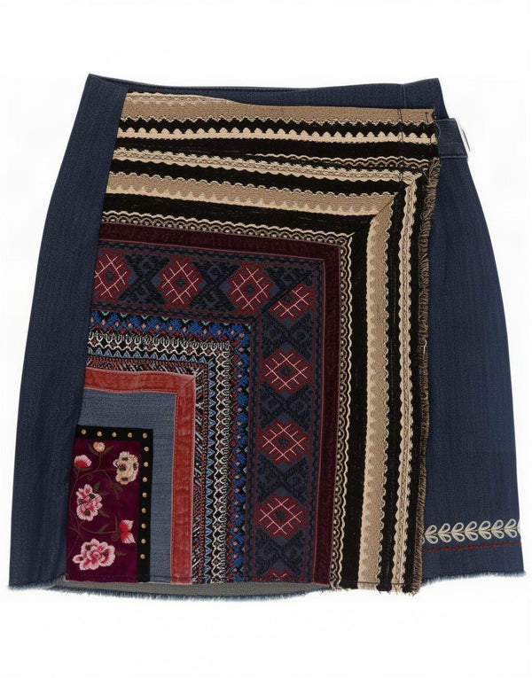 Desigual Womens Denim Wrap Skirt W24 XS Blue Patchwork Cotton