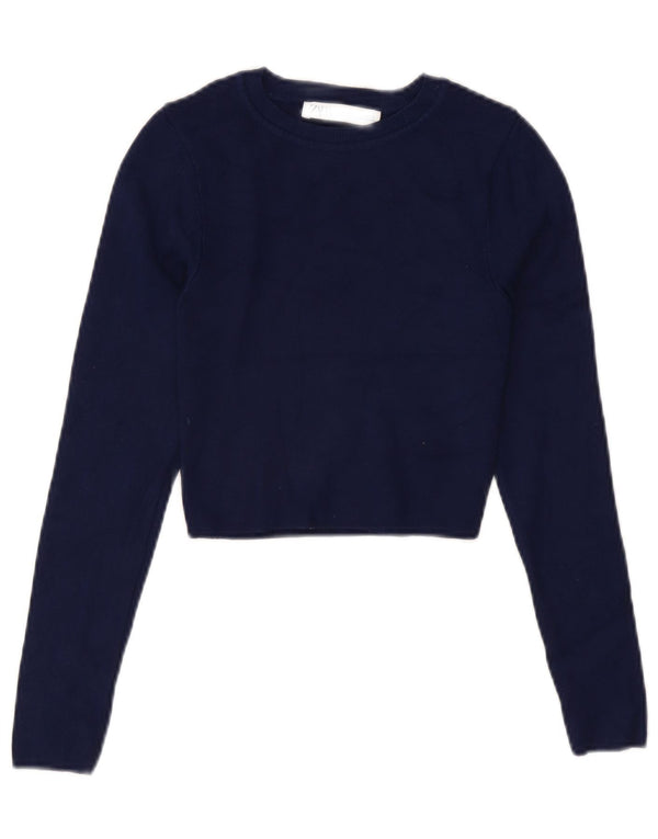 Top corto da donna Zara a maniche lunghe UK 8 Small in viscosa blu navy