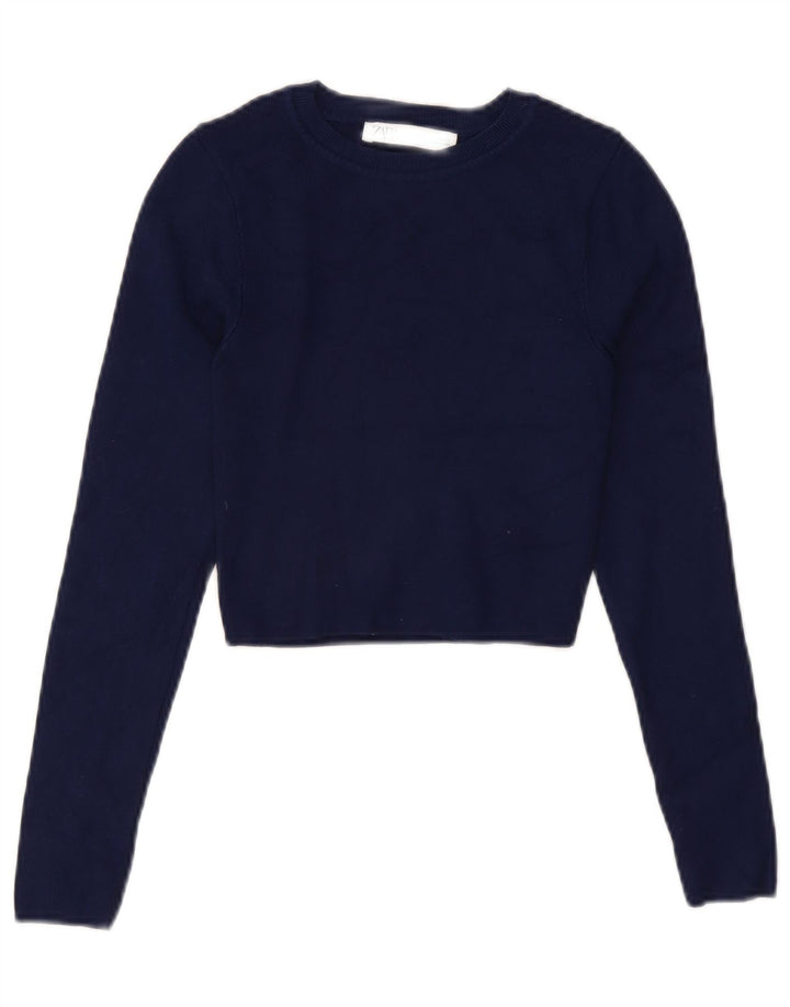 Top corto da donna Zara a maniche lunghe UK 8 Small in viscosa blu navy