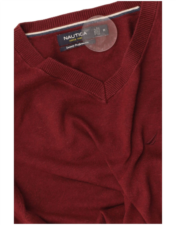 NAUTICA Mens V-Neck Jumper Sweater Medium Burgundy Cotton