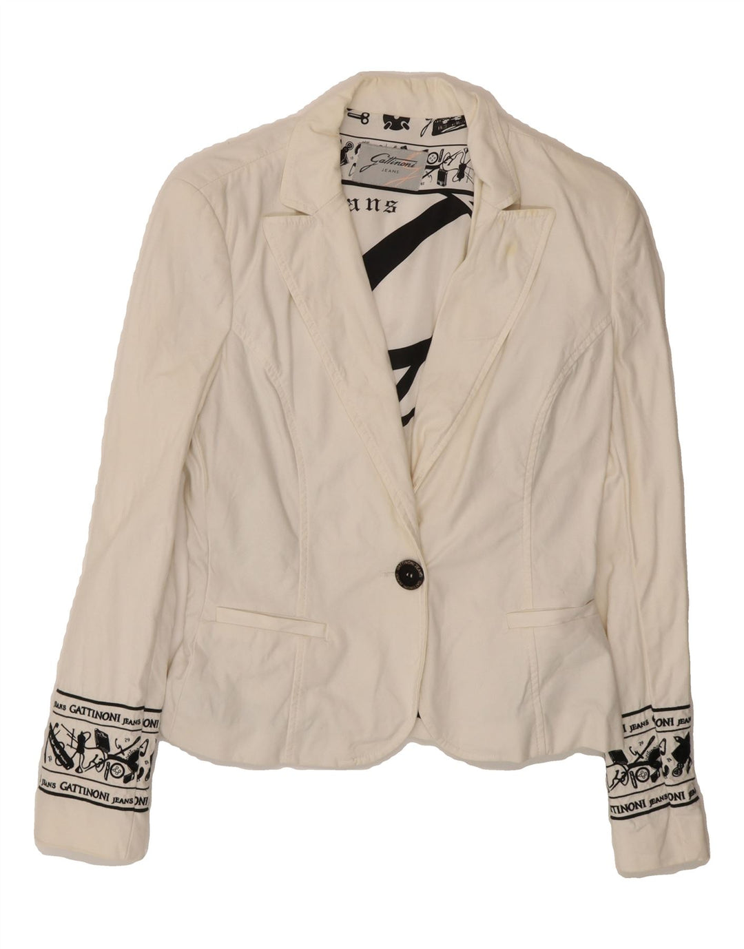 GATTINONI Womens Graphic 1 Button Blazer Jacket UK 12 Medium White Vintage Gattinoni and Second-Hand Gattinoni from Messina Hembry 