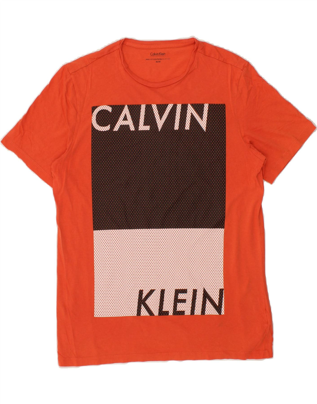 CALVIN KLEIN Mens Graphic T-Shirt Top Medium Orange Colourblock Cotton Vintage Calvin Klein and Second-Hand Calvin Klein from Messina Hembry 