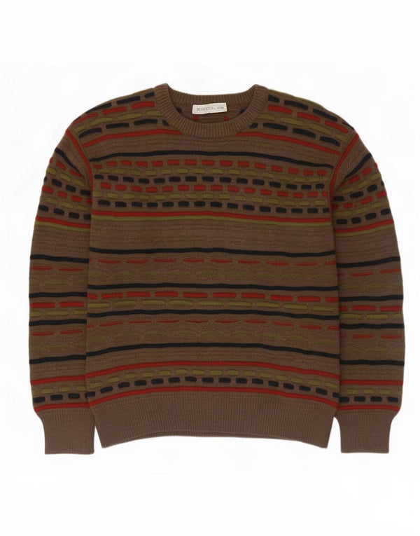 Vintage Mens Crew Neck Jumper Sweater Small Brown Striped