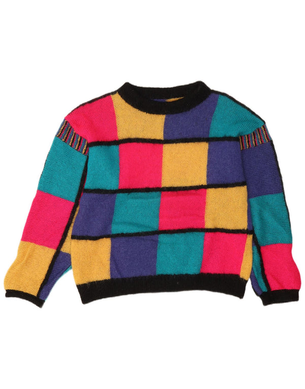 Maglione maglione vintage da donna con scollo a barca UK 18 XL a quadri multicolore